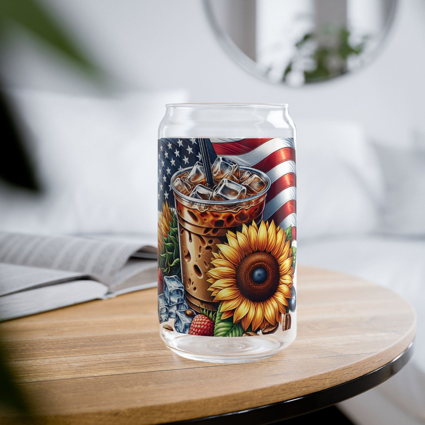 Patriotic Sunflower Iced Coffee Sipper Glass — 16oz Americana Drink Tumbler