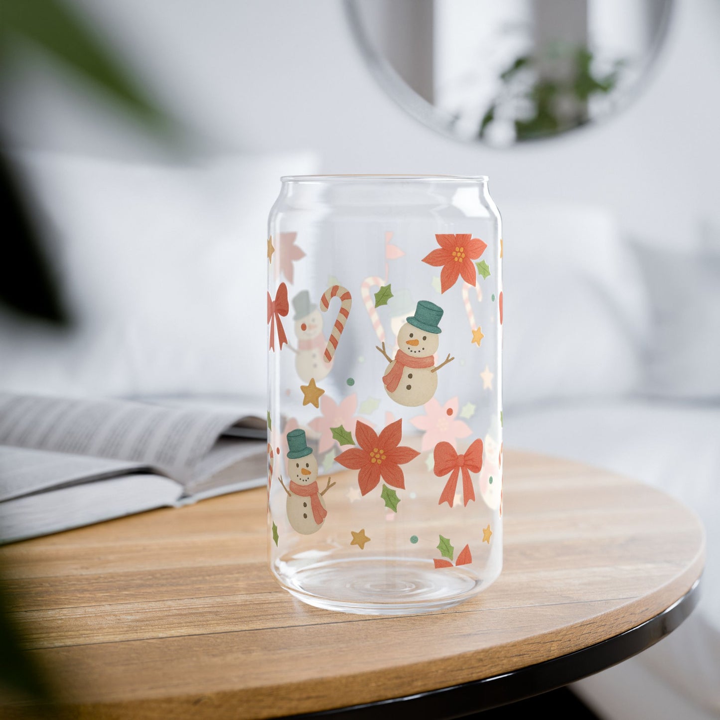 Christmas Snowmen & Poinsettia 16oz Sipper Glass