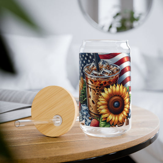 Patriotic Sunflower Iced Coffee Sipper Glass — 16oz Americana Drink Tumbler