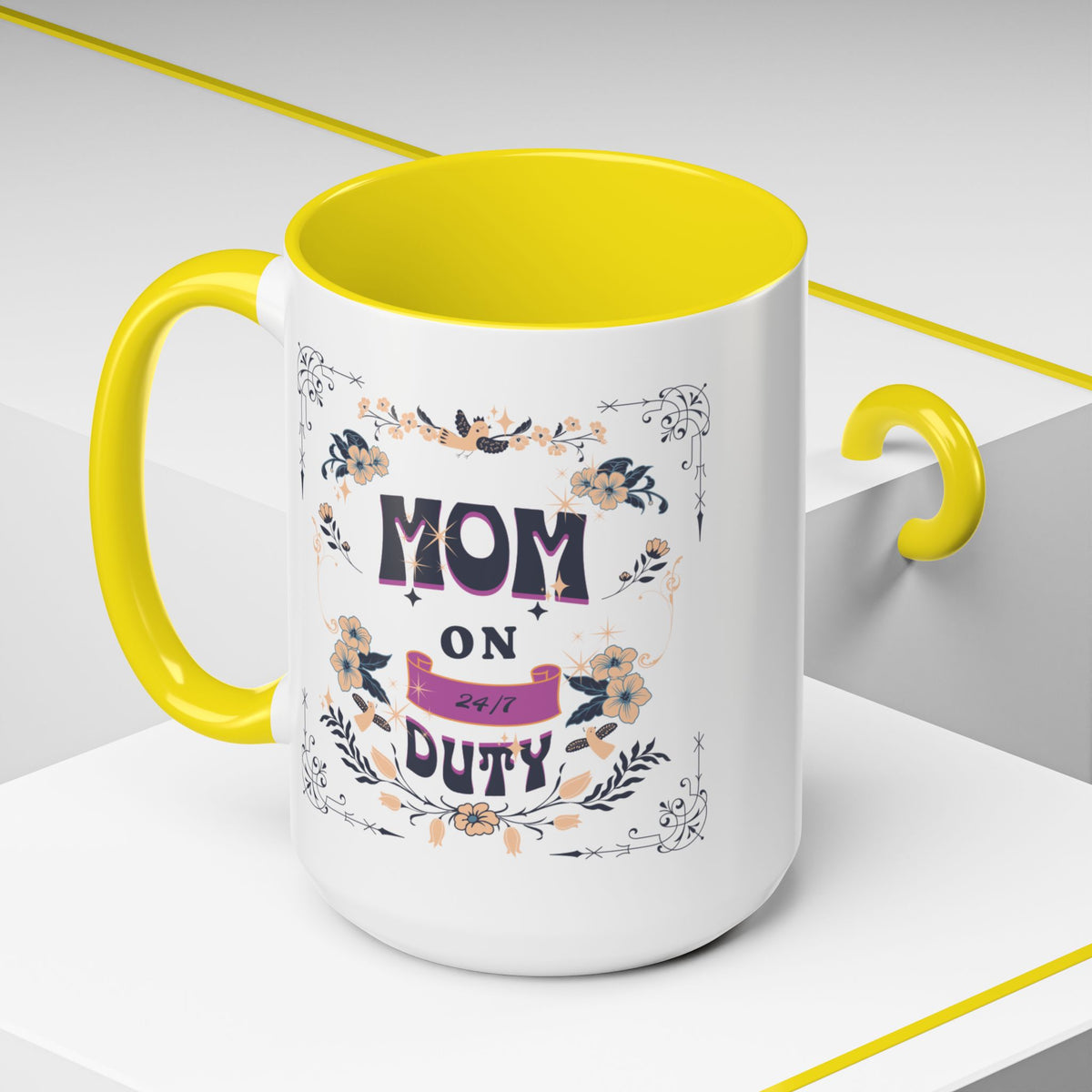 Mom on Duty Accent Coffee Mug — Floral Mother's Day Gift (11/15 oz)