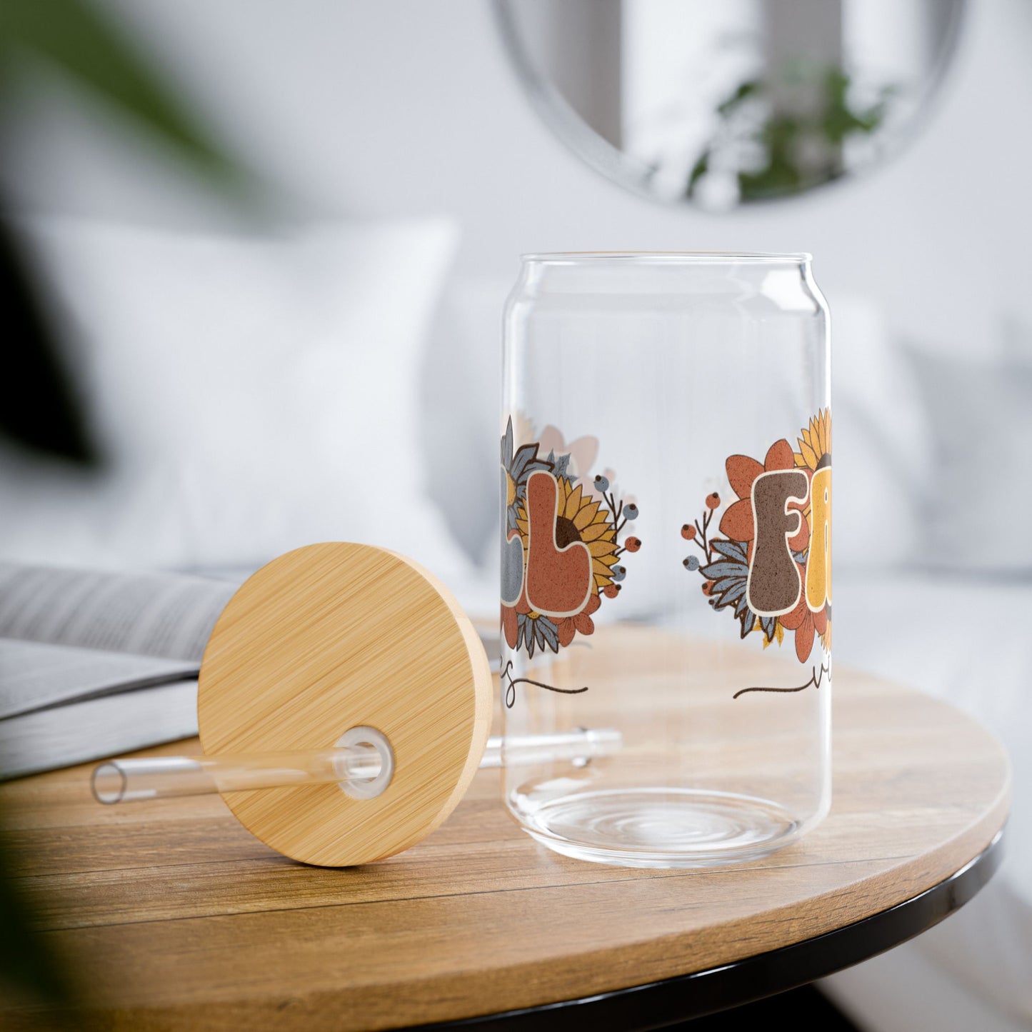 Glass Sipper Cup, Fall Vibes 16oz with Fall Print