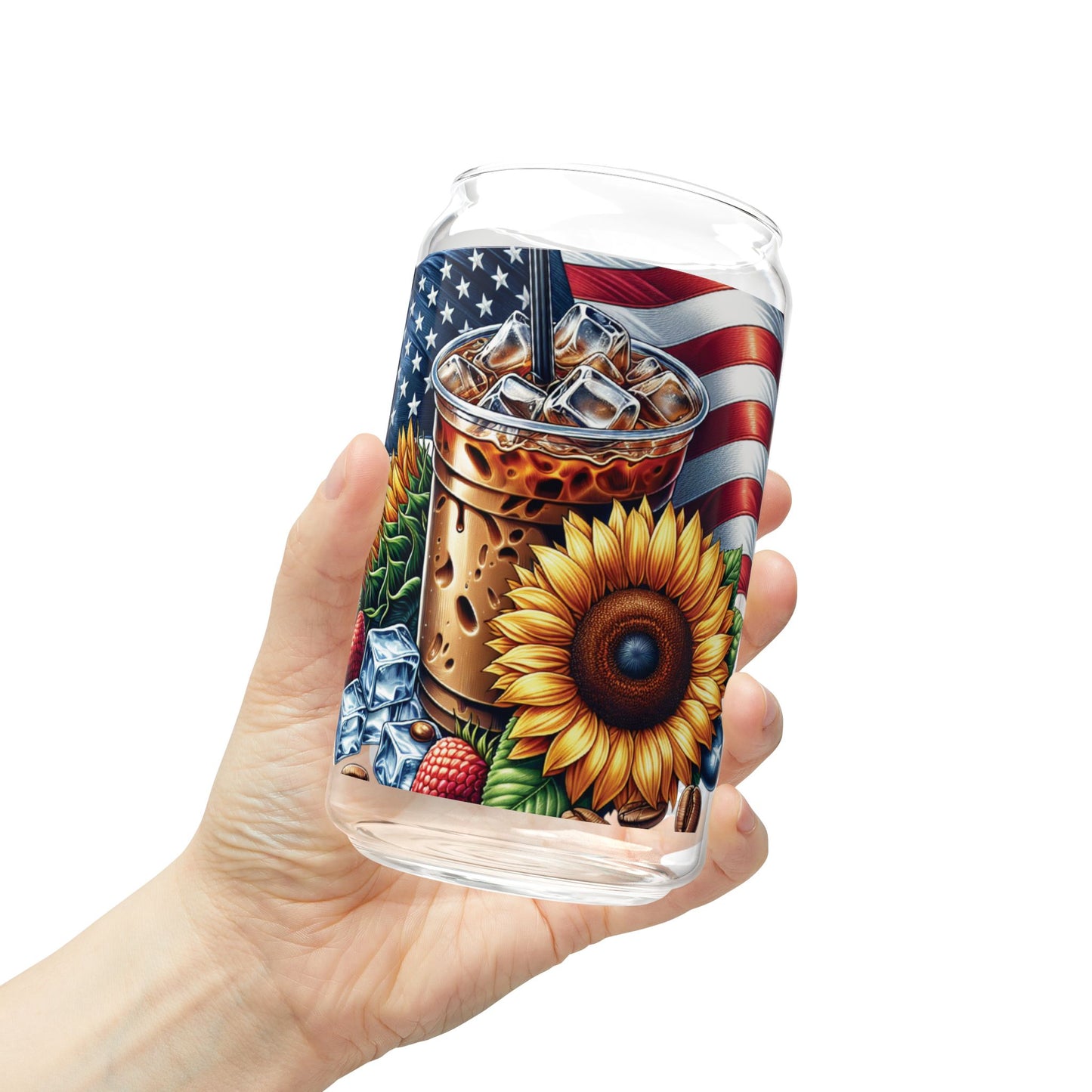 Patriotic Sunflower Iced Coffee Sipper Glass — 16oz Americana Drink Tumbler