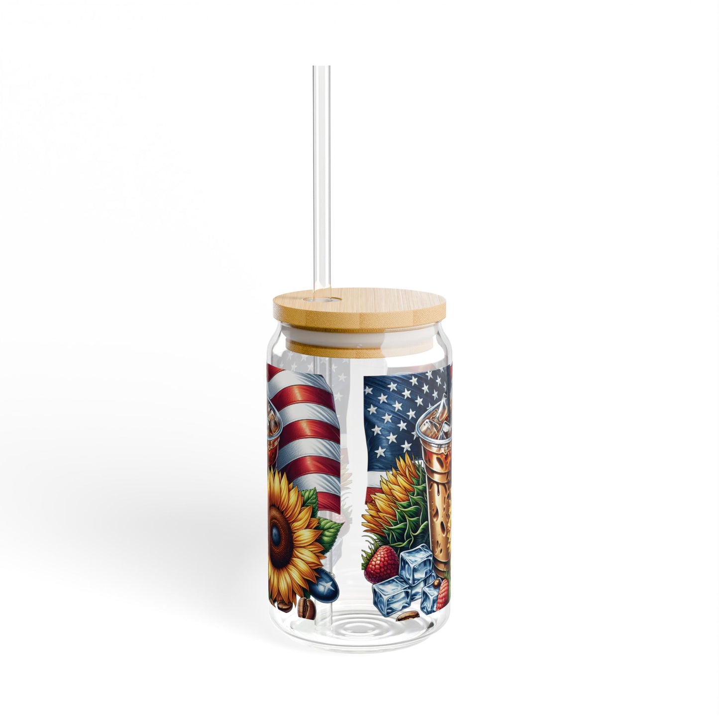 Patriotic Sunflower Iced Coffee Sipper Glass — 16oz Americana Drink Tumbler