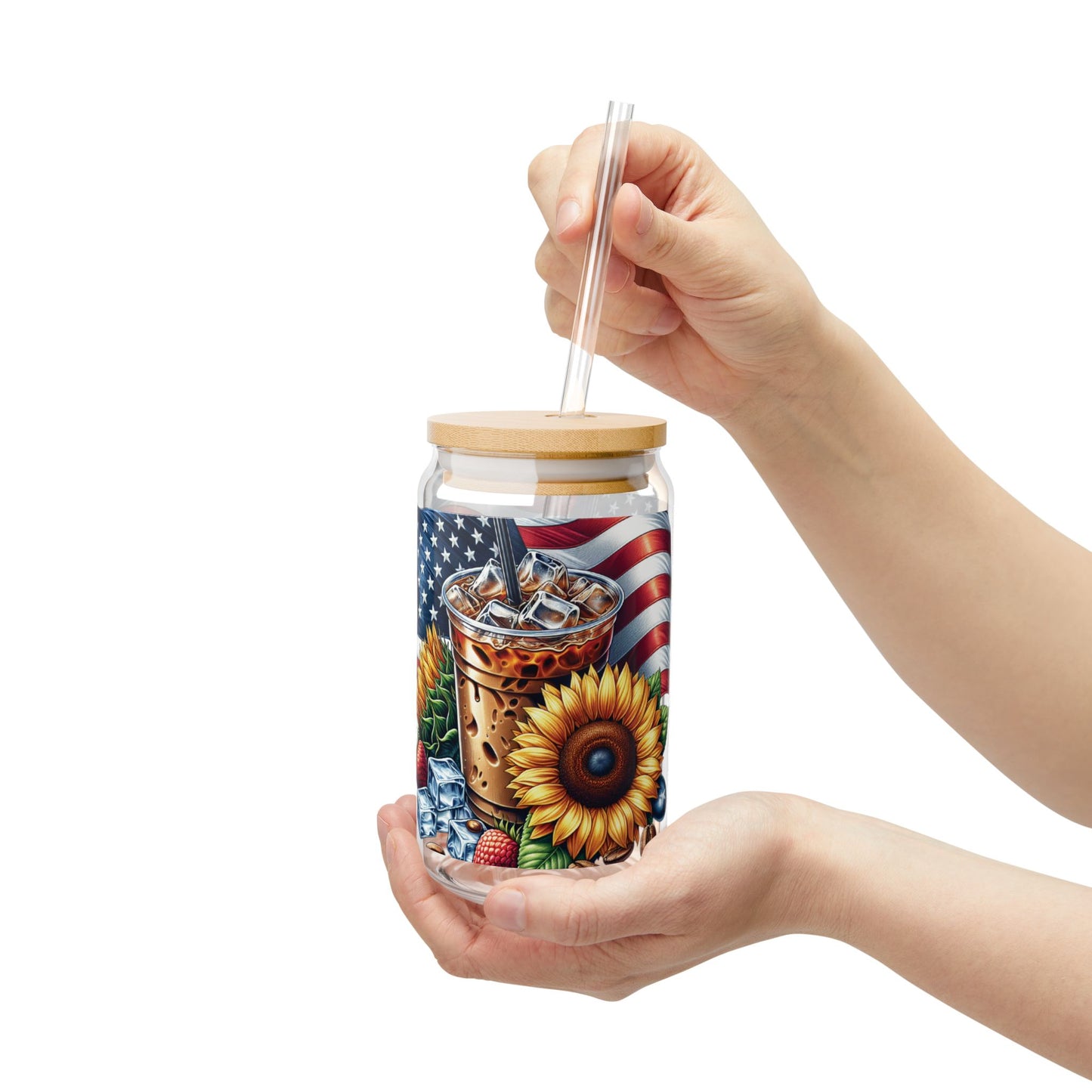 Patriotic Sunflower Iced Coffee Sipper Glass — 16oz Americana Drink Tumbler