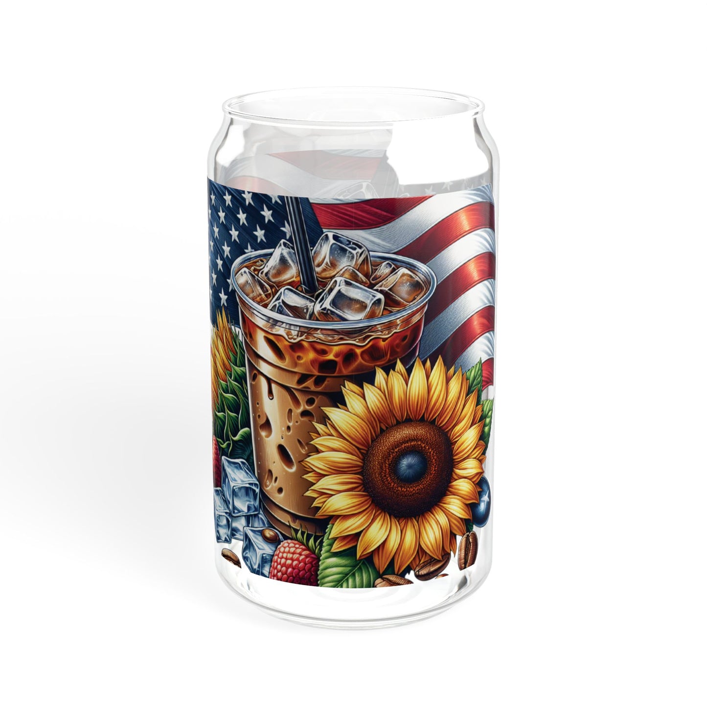 Patriotic Sunflower Iced Coffee Sipper Glass — 16oz Americana Drink Tumbler