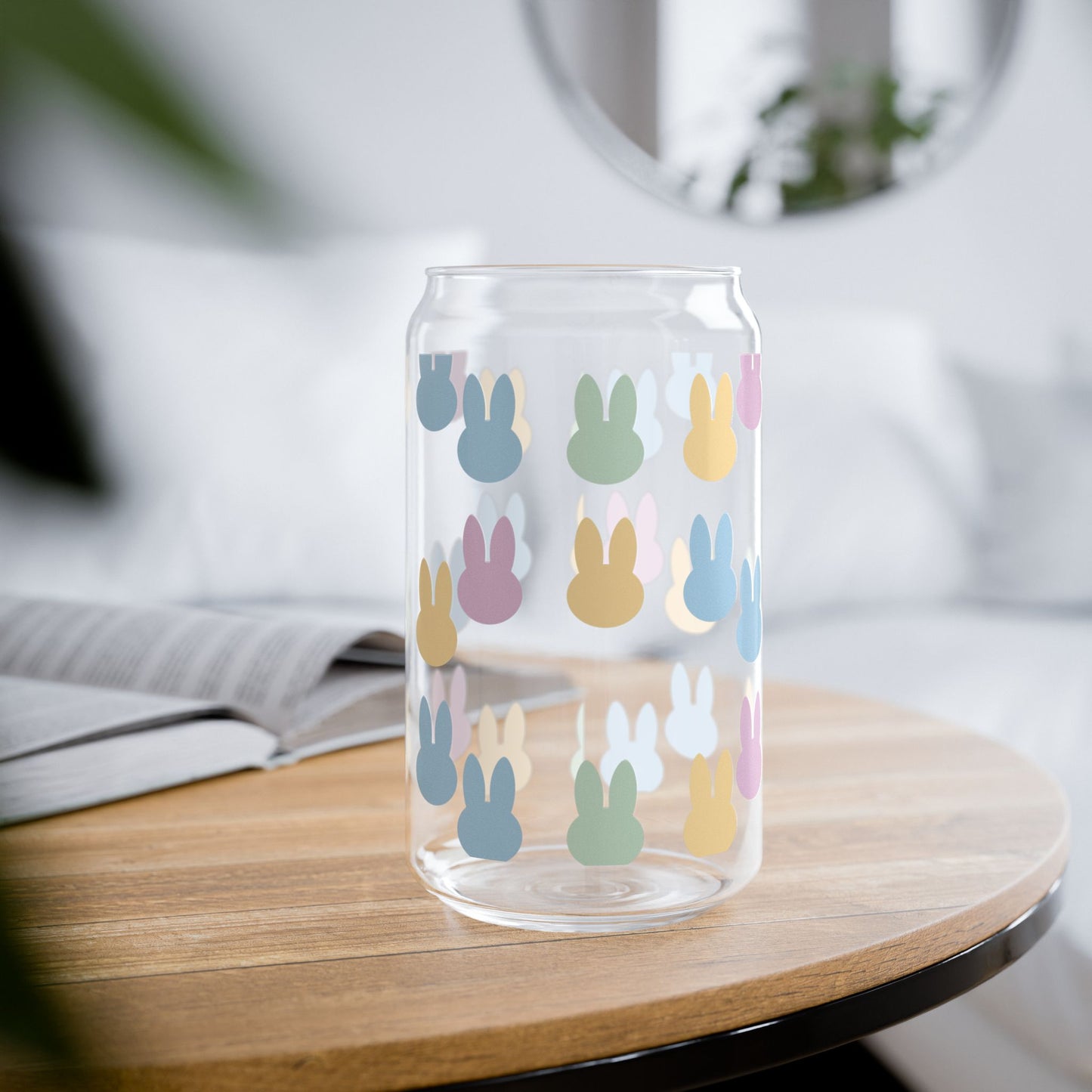 Bunny Pattern Sipper Glass — 16oz Reusable Straw Tumbler