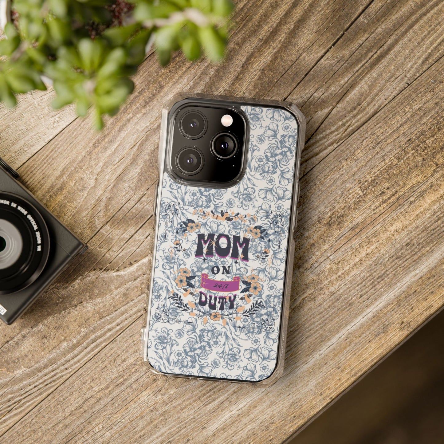 Magnetic IPhone Case — “Mom On Duty” Floral Design