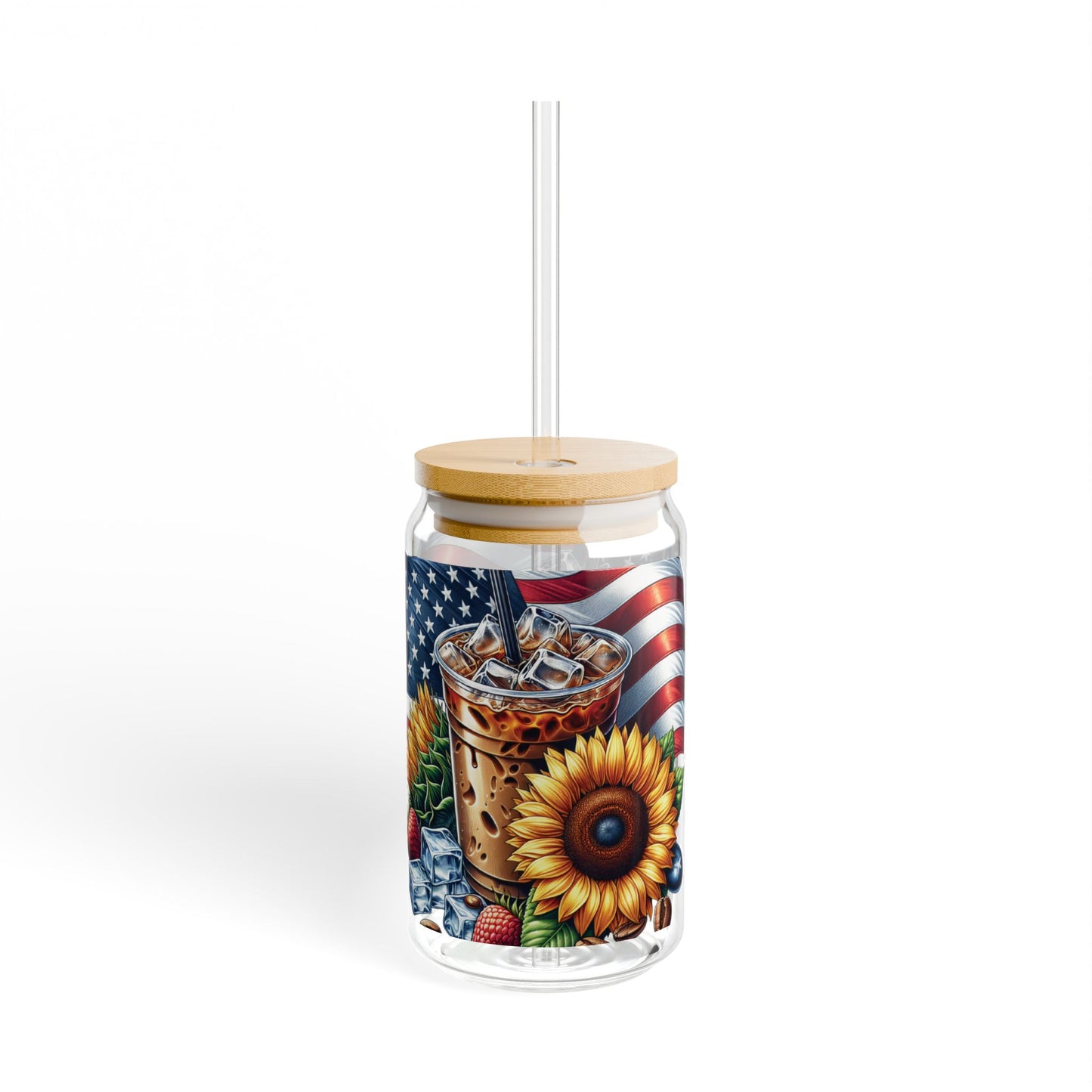 Patriotic Sunflower Iced Coffee Sipper Glass — 16oz Americana Drink Tumbler